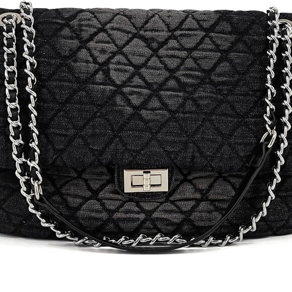Quilted Denim Purse, Shoulder Bag for Women, Crossbody Flap Tote Bag, Silver Cha